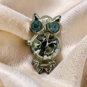 Rhinestone Owl Brooch Pin Clear Blue Stones 1960's Vintage